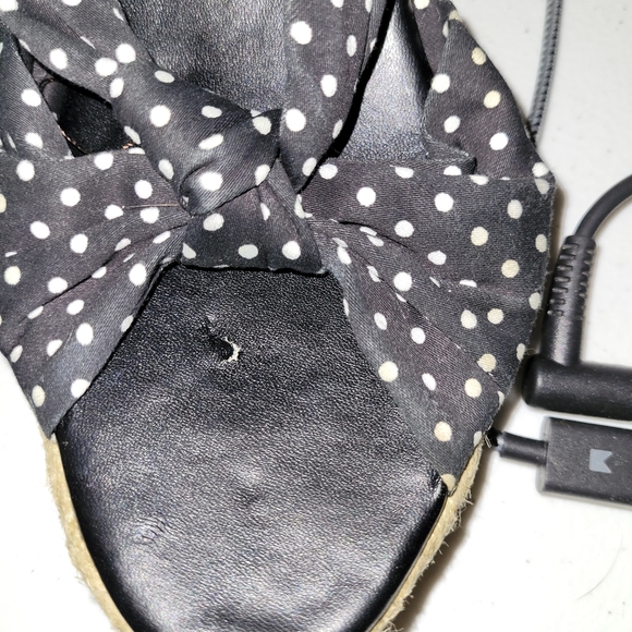 LAURA ASHLEY 8B 38 WEDGED SANDLES BLK /WHT CLOTH POKO DOT LEATHER PLATFORM SHOES - Picture 13 of 13